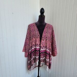 Chelsea & Theodore Cardigan Pink White Fringe Open Front Long Sleeve 3X